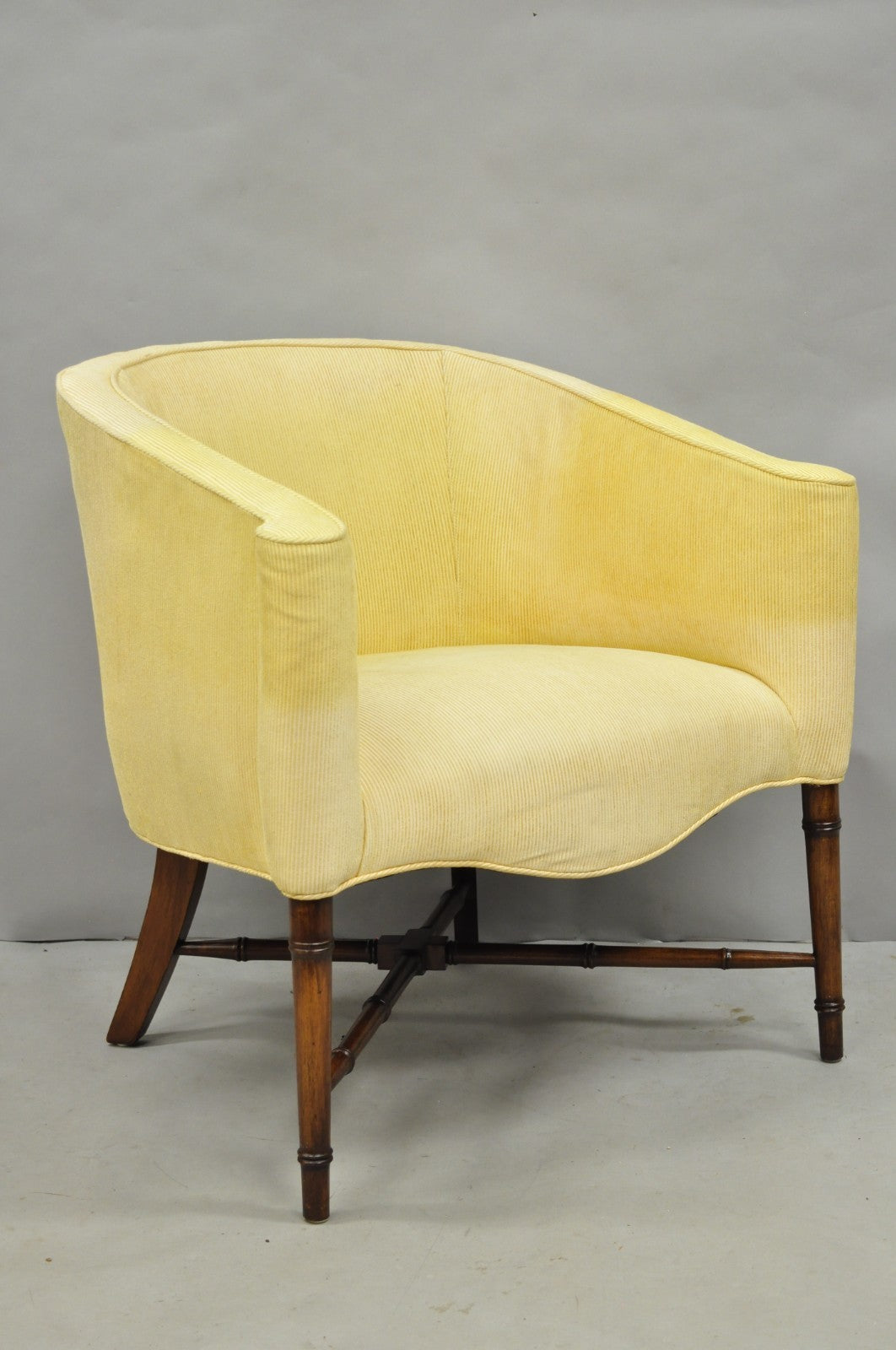 Vintage Faux Bamboo Hollywood Regency Barrel Back Club Lounge Chairs - a Pair