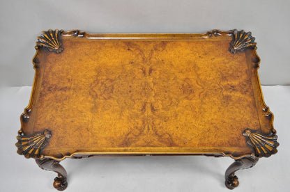 Antique English Georgian Style Burl Walnut Shell Carved Scalloped Coffee Table
