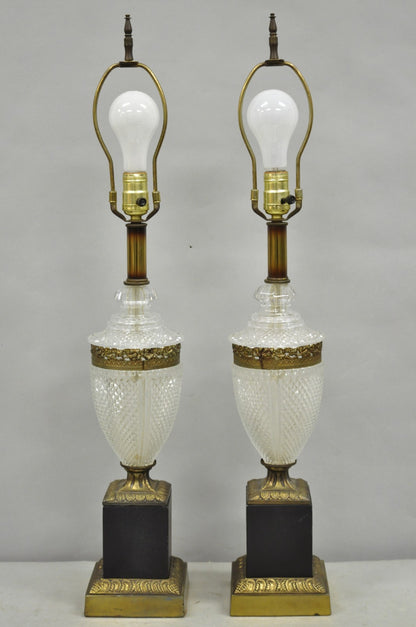 Vintage French Empire Hollywood Regency Cut Glass Crystal Urn Table Lamps - Pair