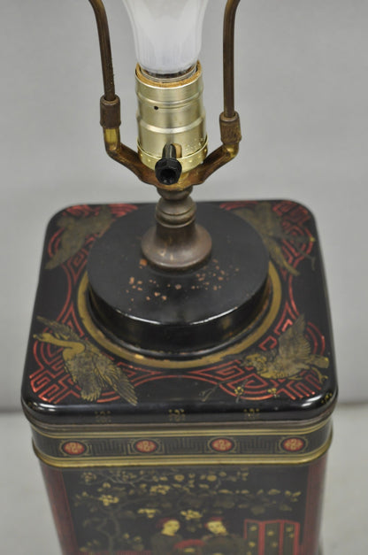Vintage Chinoiserie English Tole Metal Tea Canister Chinese Painted Table Lamp