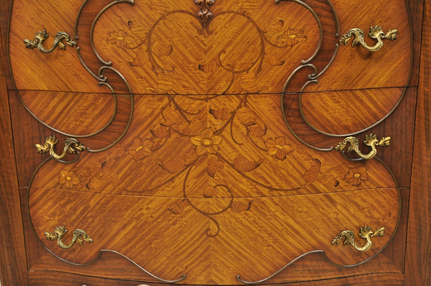 Antique French Louis XV Carved Walnut Satinwood Inlay Highboy Tall Chest Dresser
