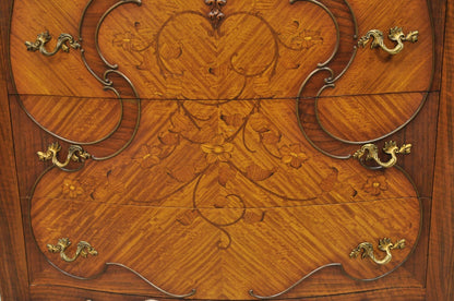 Antique French Louis XV Carved Walnut Satinwood Inlay Highboy Tall Chest Dresser