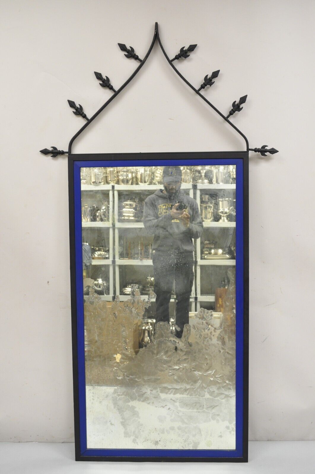 Vintage Gothic Renaissance Large Wrought Iron Metal Arched "Spear" Wall Mirror