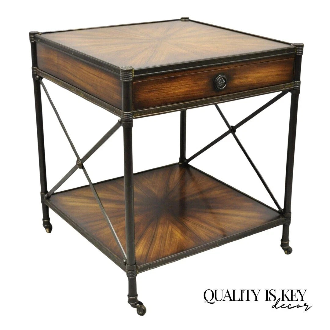 Industrial Style Iron and Wood X-Frame One Drawer Square Modern Side End Table