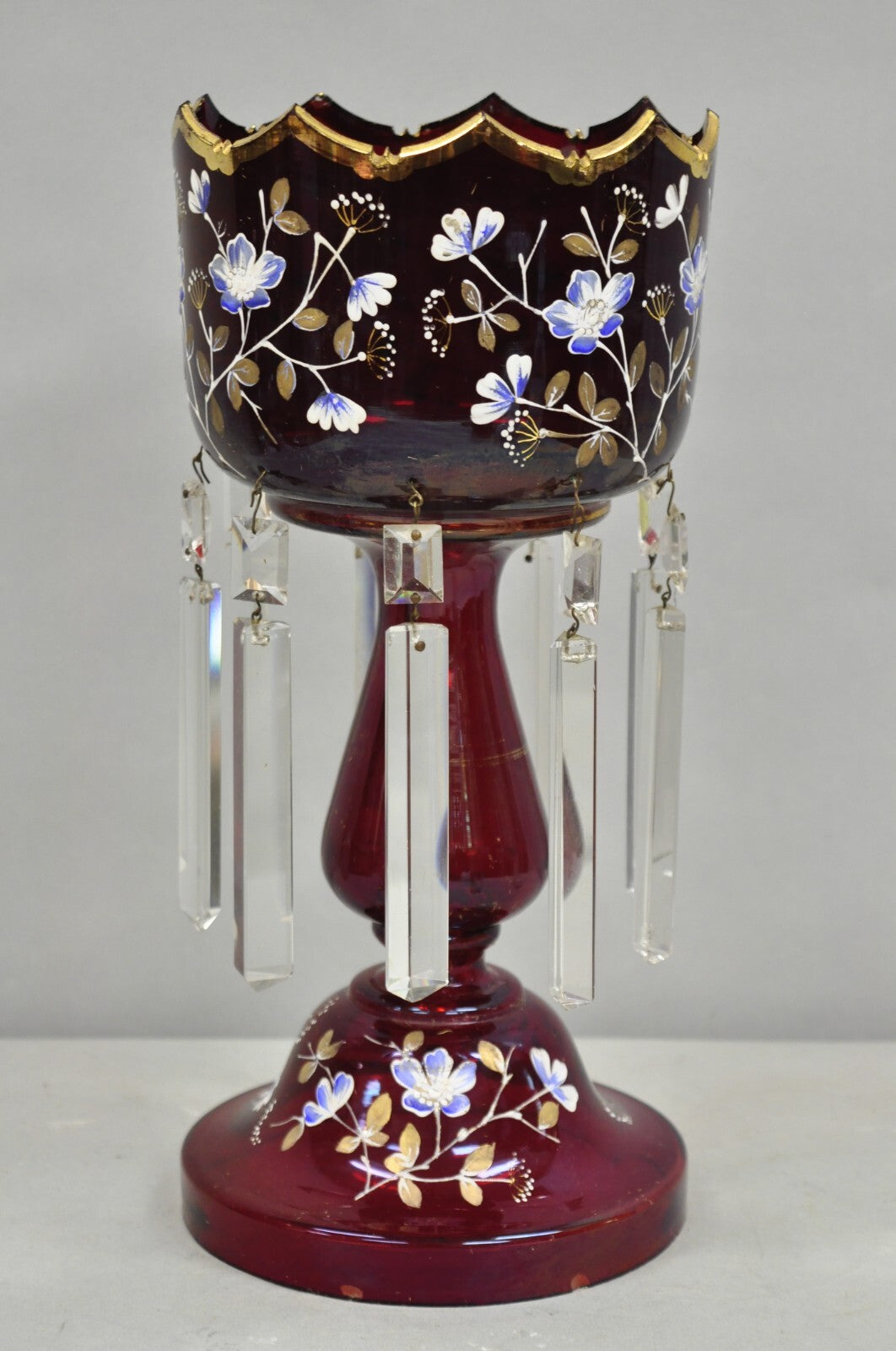 Antique Victorian Cranberry Glass Hand Painted Mantel Lustre Vase with Crystals