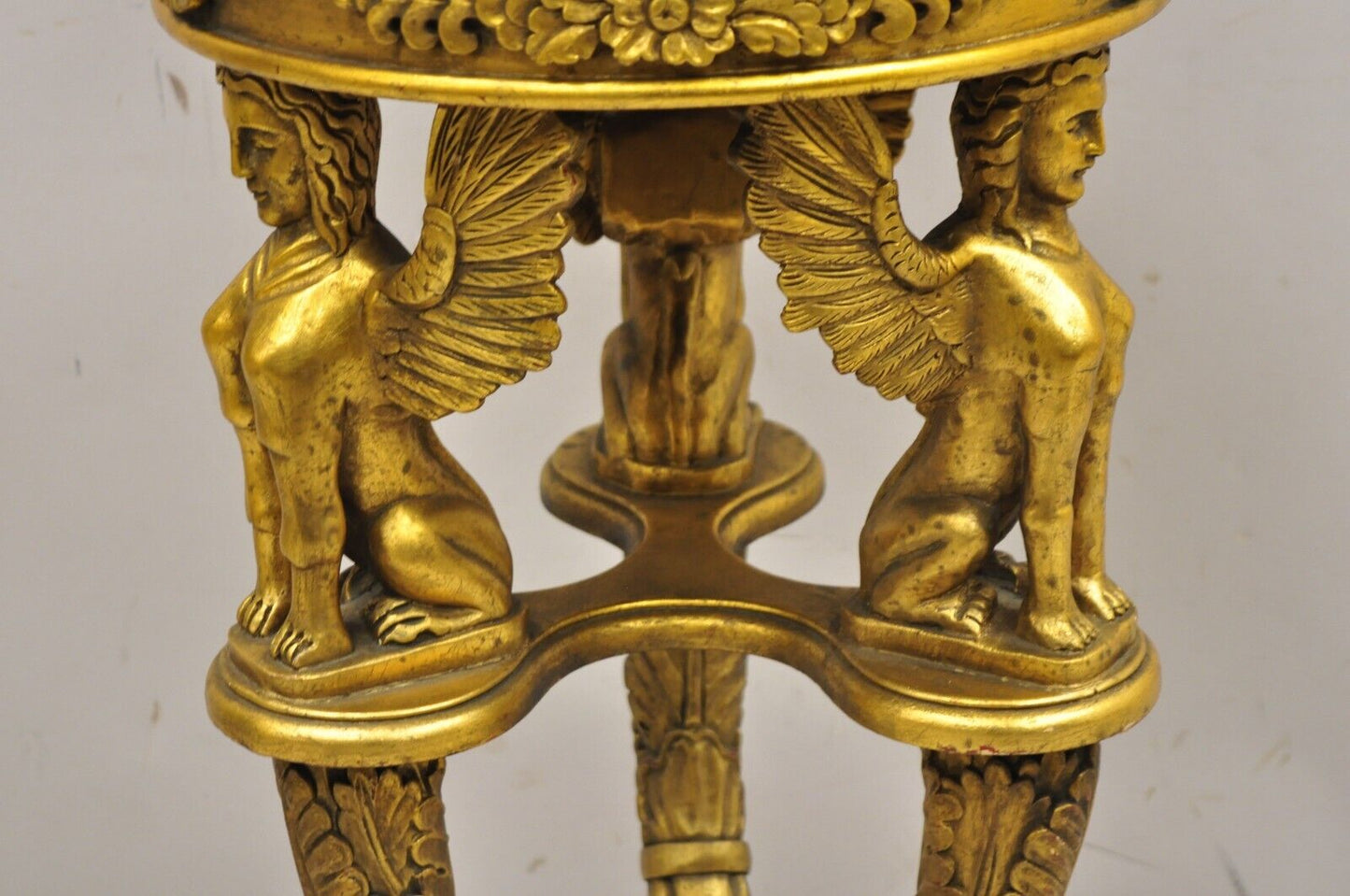 Egyptian Revival Gold Giltwood Round Marble Top Figural Pedestal Plant Stand