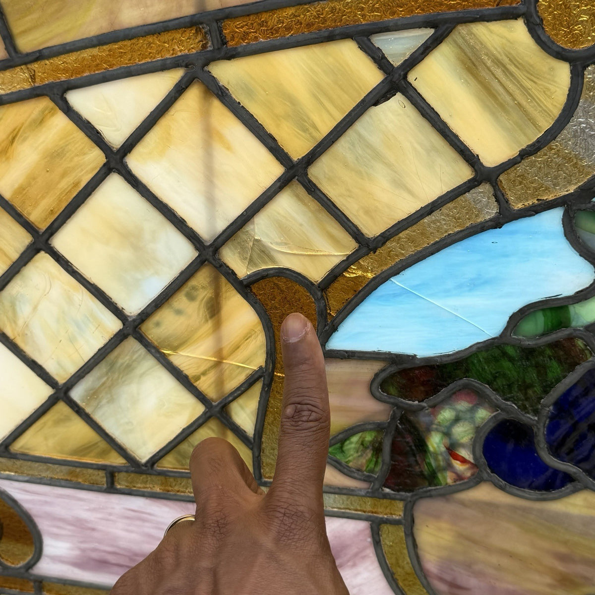 Antique Art Nouveau Colored Stained Glass Fruit 27 x 75 Arched Transom Window, B