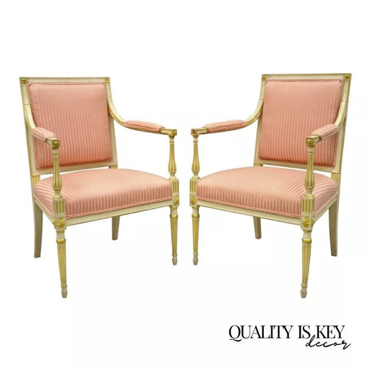 Italian Neoclassical Parcel Gilt Cream Louis XVI Directoire Arm Chairs - a Pair