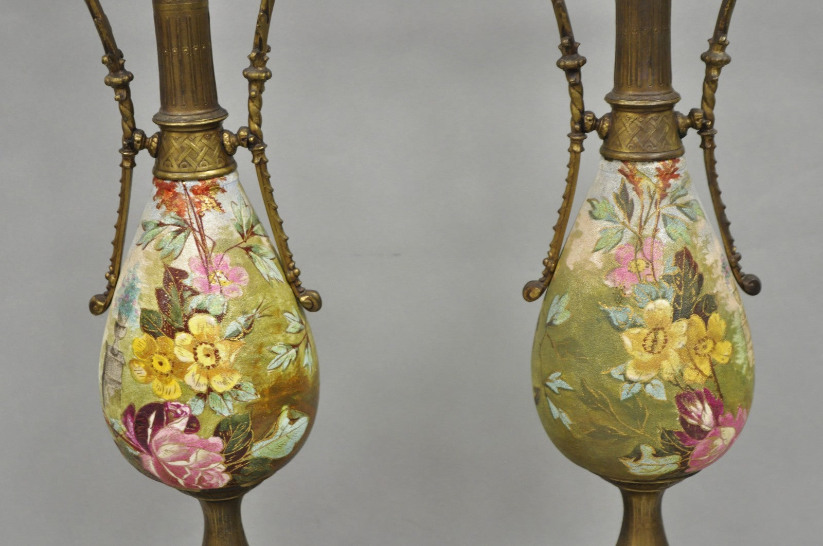 Antique Victorian Brass and Porcelain Urn Hand Painted Flower Table Lamps a Pair