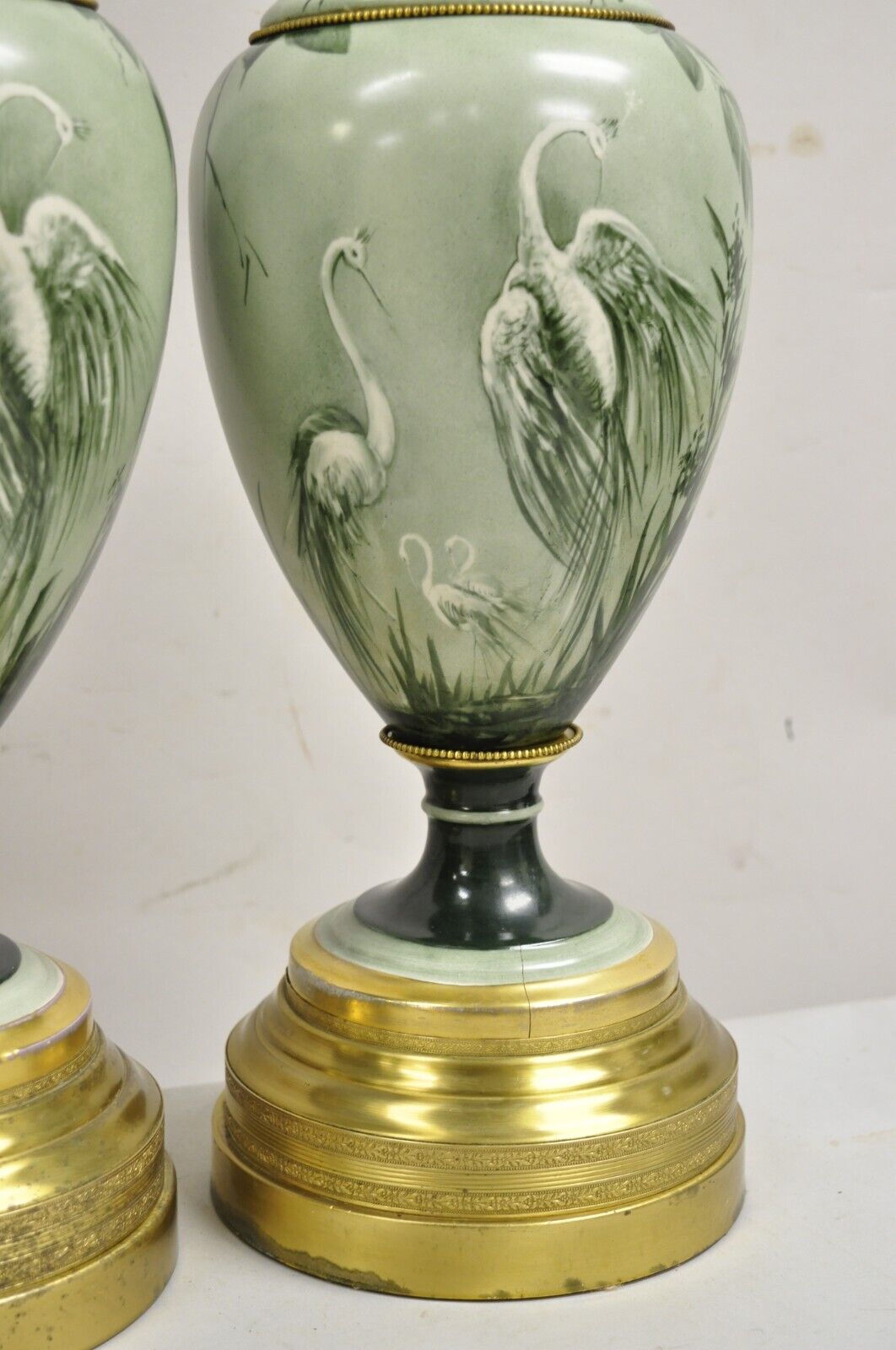 Antique French Hand Painted Porcelain "Cranes" Bird Green Urn Table Lamps - Pair