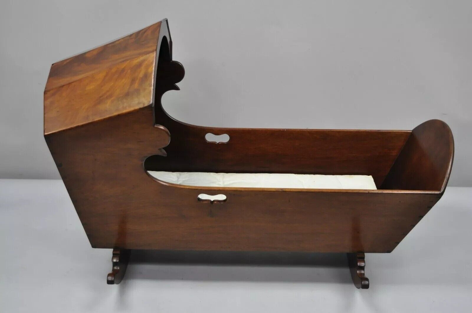 Antique Victorian Dovetailed Crotch Mahogany Wooden Hooded Baby Cradle