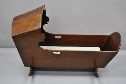 Antique Victorian Dovetailed Crotch Mahogany Wooden Hooded Baby Cradle