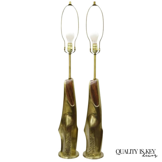 Laurel Mid Century Brutalist Modernist Brass Sculptural Table Lamps - a Pair