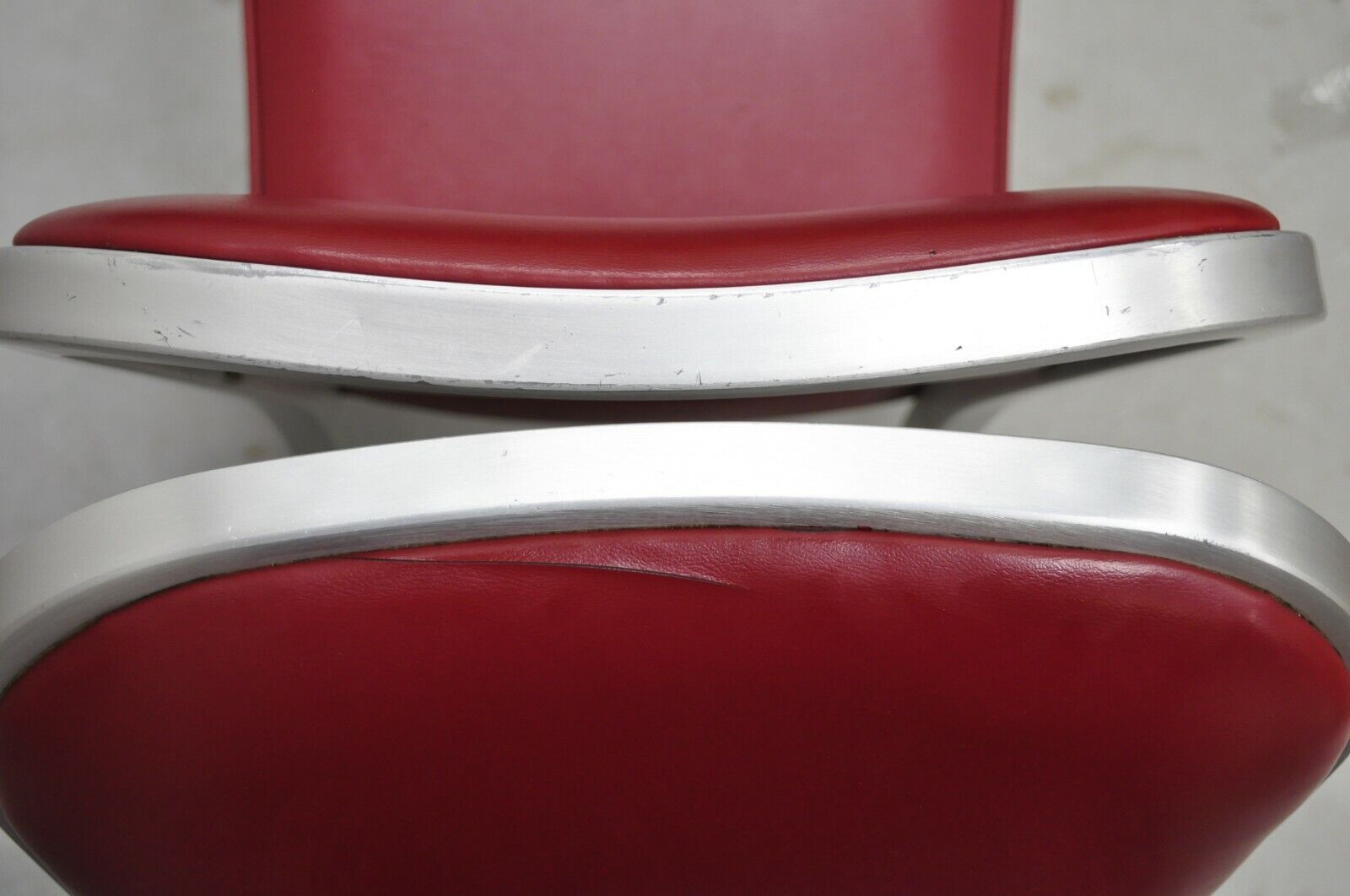 Vintage Brushed Aluminum Red Upholstered Emeco Navy Style Side Chairs -  a Pair