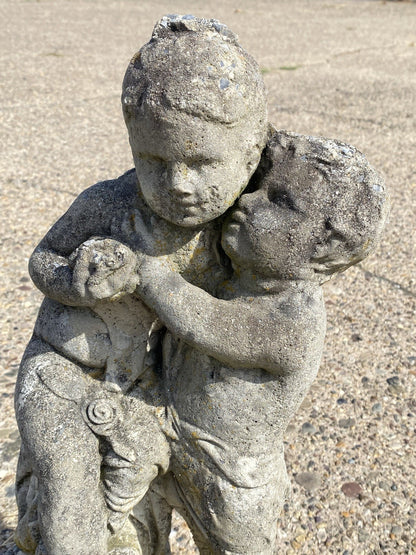 French Neoclassical Small Concrete Figural Cherub Garden Statue Water Fountain