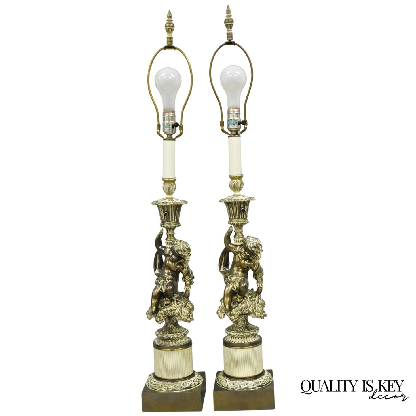 Vintage Hollywood Regency French Style Figural Cherub Metal Table Lamps - a Pair