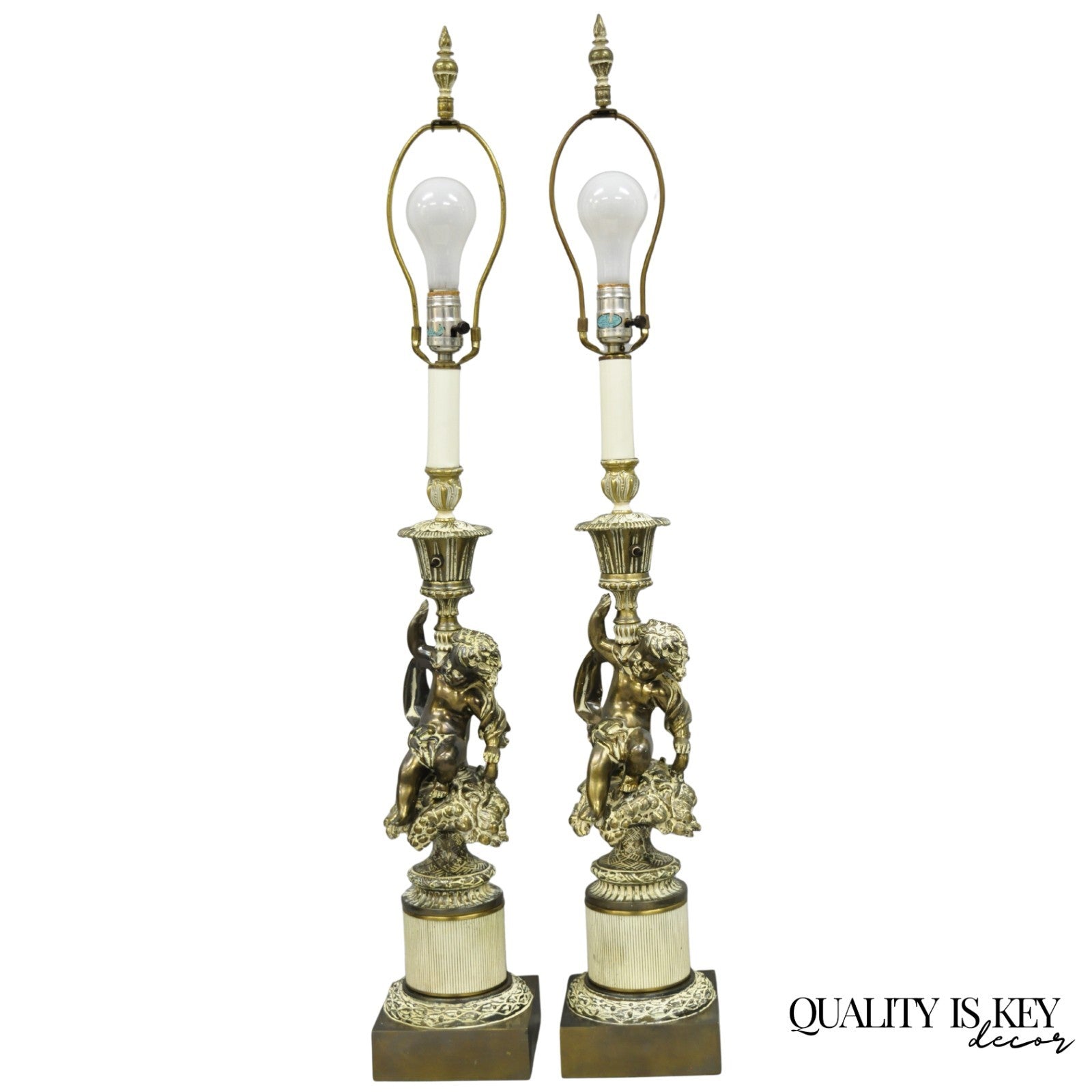 Vintage Hollywood Regency French Style Figural Cherub Metal Table Lamps - a Pair