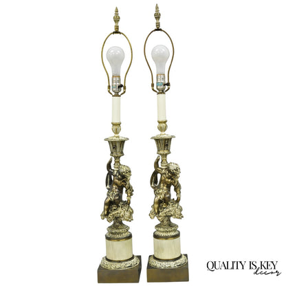 Vintage Hollywood Regency French Style Figural Cherub Metal Table Lamps - a Pair
