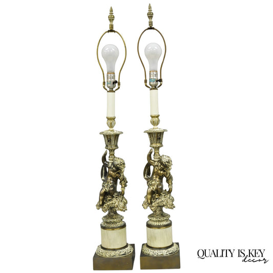 Vintage Hollywood Regency French Style Figural Cherub Metal Table Lamps - a Pair