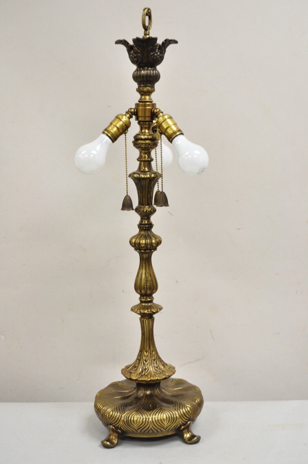 Vintage French Art Nouveau Metal 3 Light Tall Brass Lotus Candlestick Table Lamp