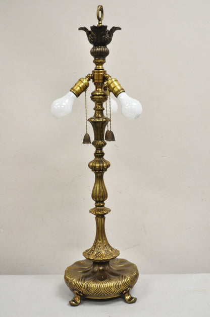 Vintage French Art Nouveau Metal 3 Light Tall Brass Lotus Candlestick Table Lamp