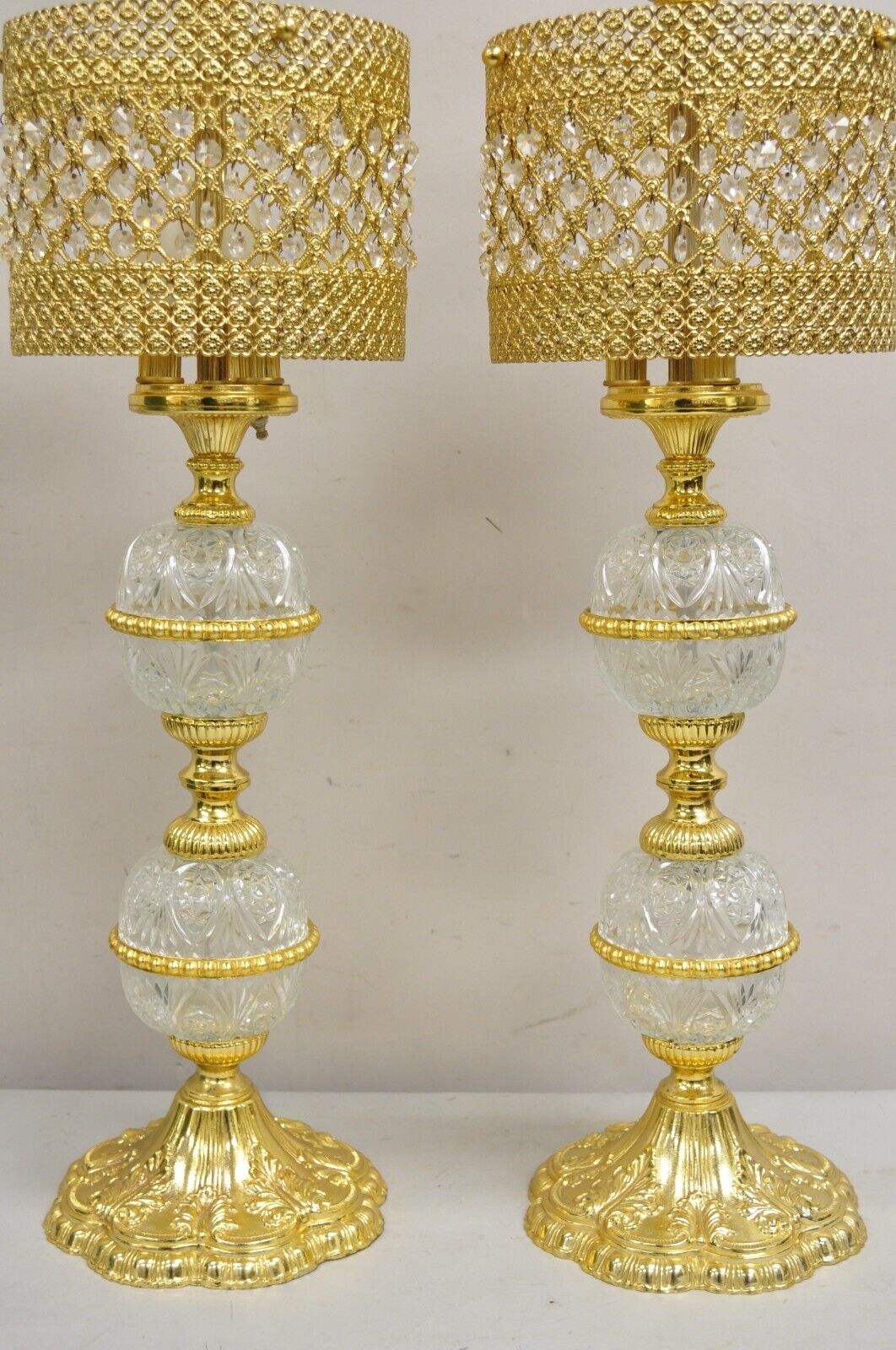 Vintage Italian Hollywoood Regency Gold Glass & Crystal Table Lamps - a Pair