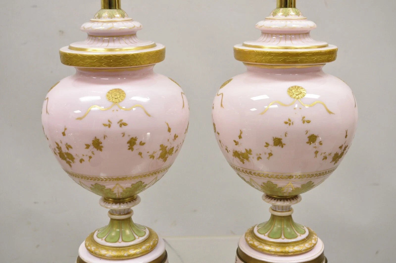 Antique French Louis XV Pink Porcelain Gold Painted Bulbous Table Lamps - a Pair