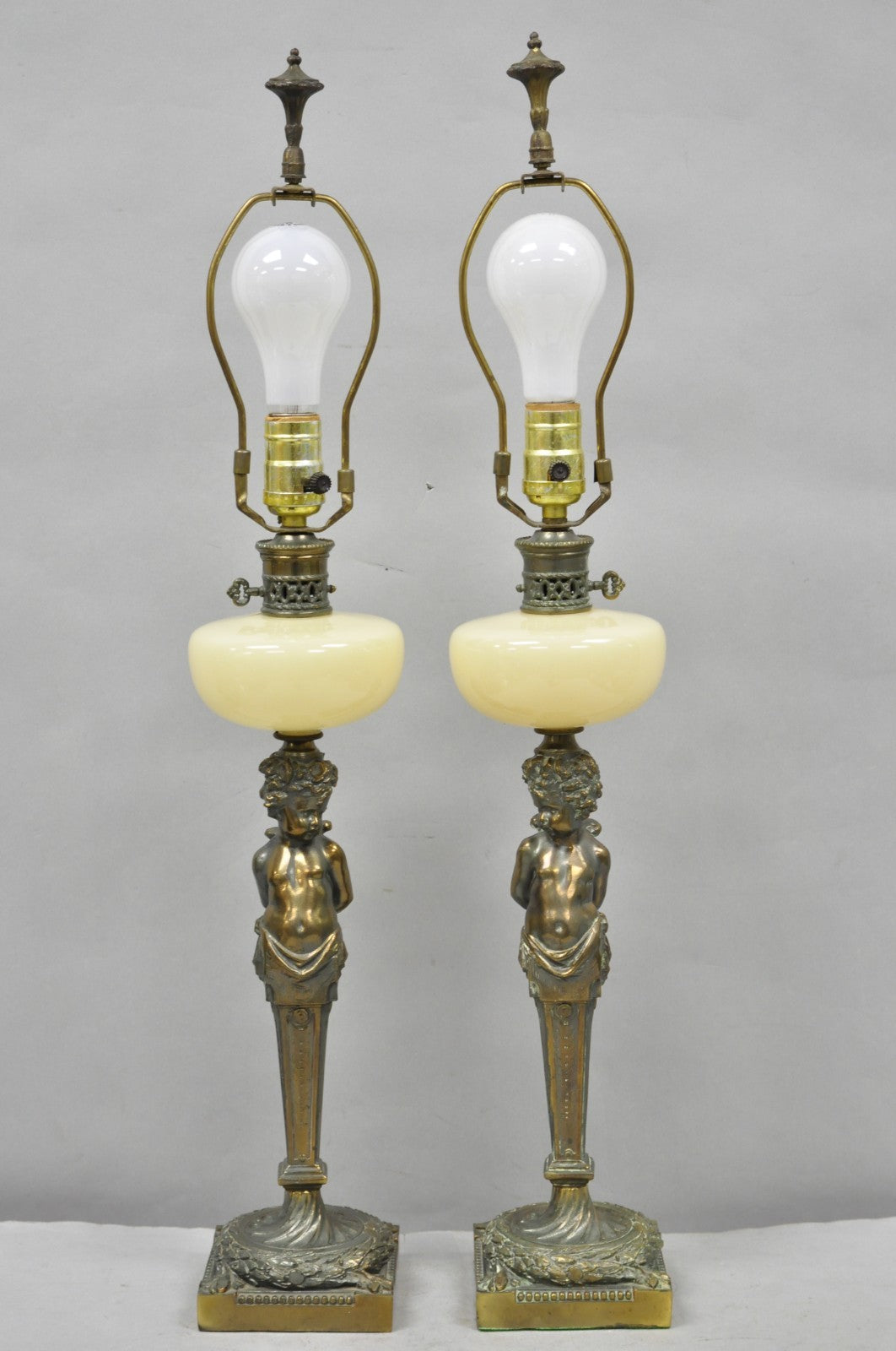 Vintage French Renaissance Brass Cherub Putti Column Cream Glass Table Lamp Pair