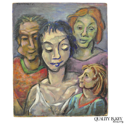 Vintage Samuel Heller "Family Portrait w/ Child B" Oil on Board Painting Signed