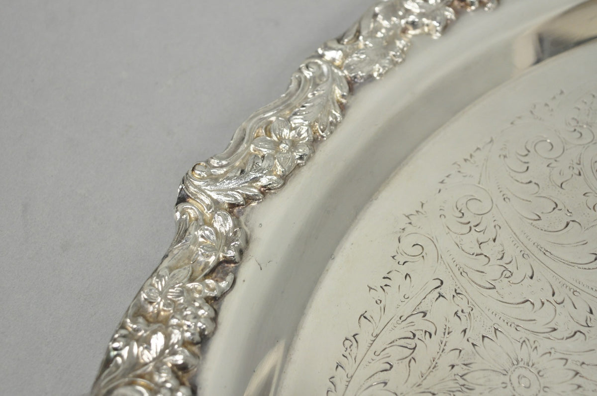 Vintage FB Rogers 5614 Victorian Silver Plated Punchbowl w/ Round Tray, 2 Pc Set