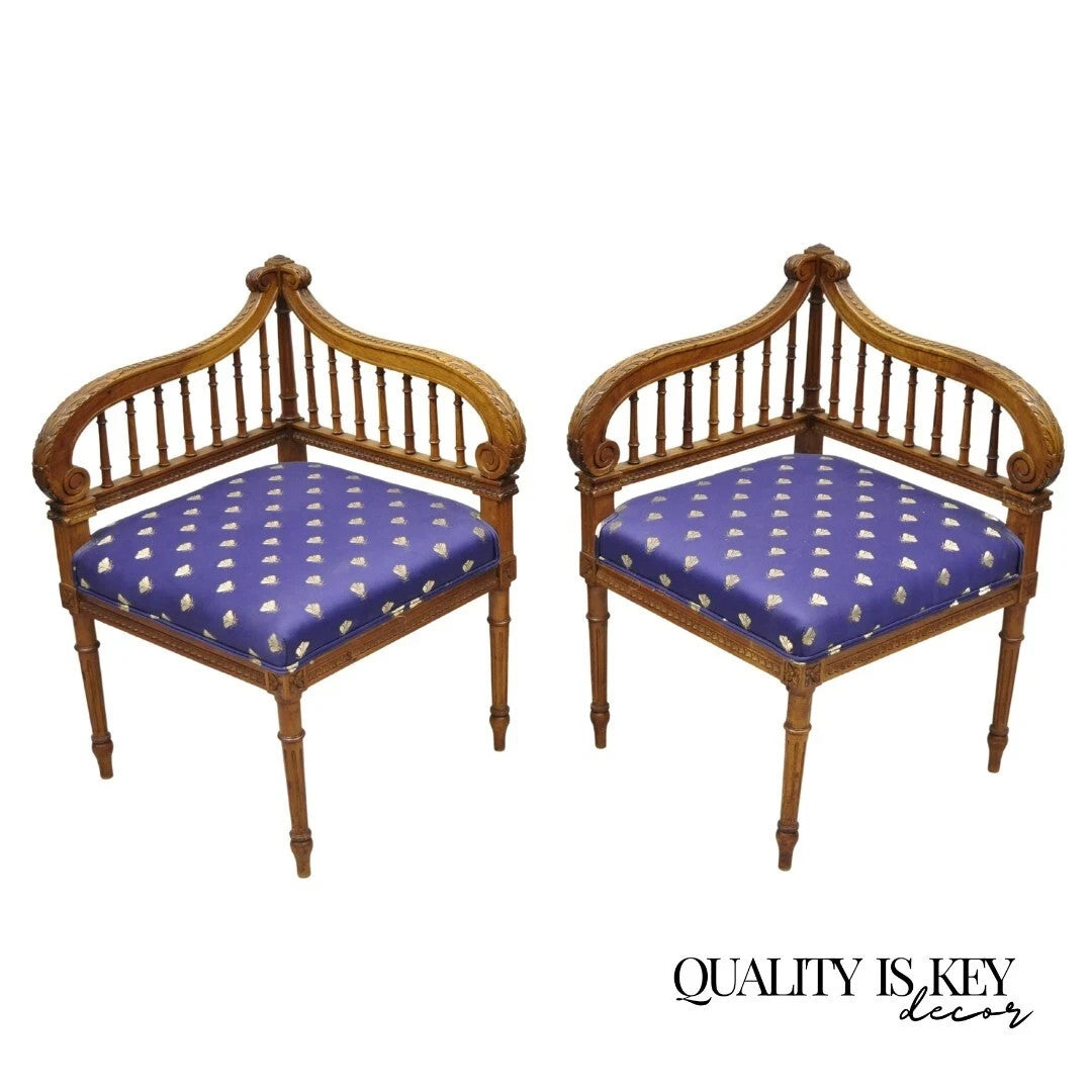 Antique French Louis XVI Style Carved Walnut Lyre Harp Corner Lounge Chair Pair