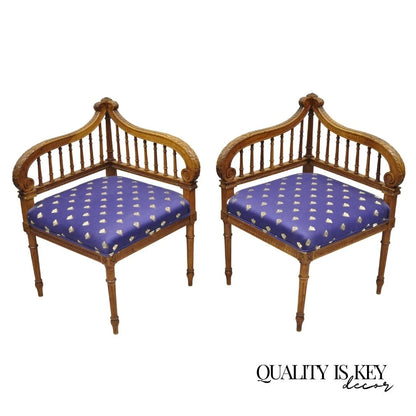 Antique French Louis XVI Style Carved Walnut Lyre Harp Corner Lounge Chair Pair