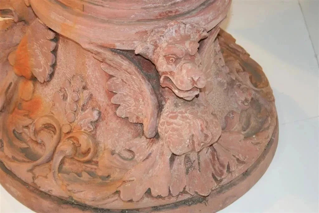 Vintage Gothic Winged Griffin Fiberglass Faux Terracotta Garden Pedestal - Pair
