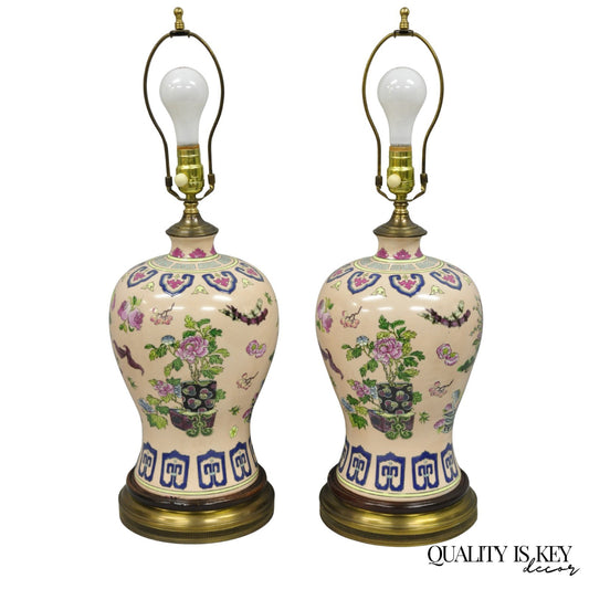 Vintage Chinoiserie Pink Porcelain Ginger Jar Jardinière Vase Table Lamp a Pair