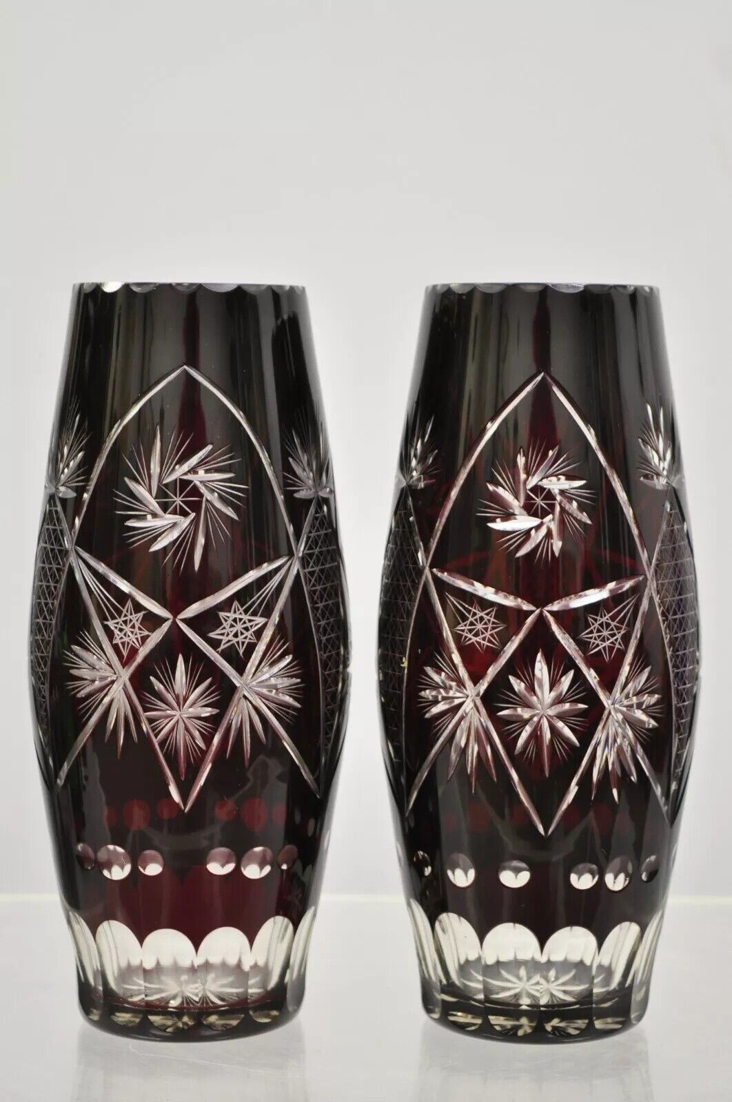 Vintage Bohemian Czech Cut to Clear Cranberry Ruby Glass 10.5" Bud Vase - a Pair