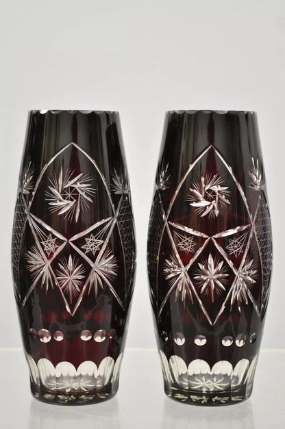 Vintage Bohemian Czech Cut to Clear Cranberry Ruby Glass 10.5" Bud Vase - a Pair
