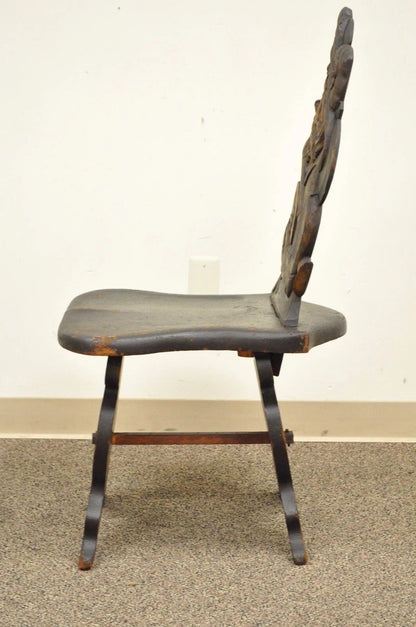 Antique Medieval Gothic Hand Carved Wood Figural Musician Bard Tavern Side Chair
