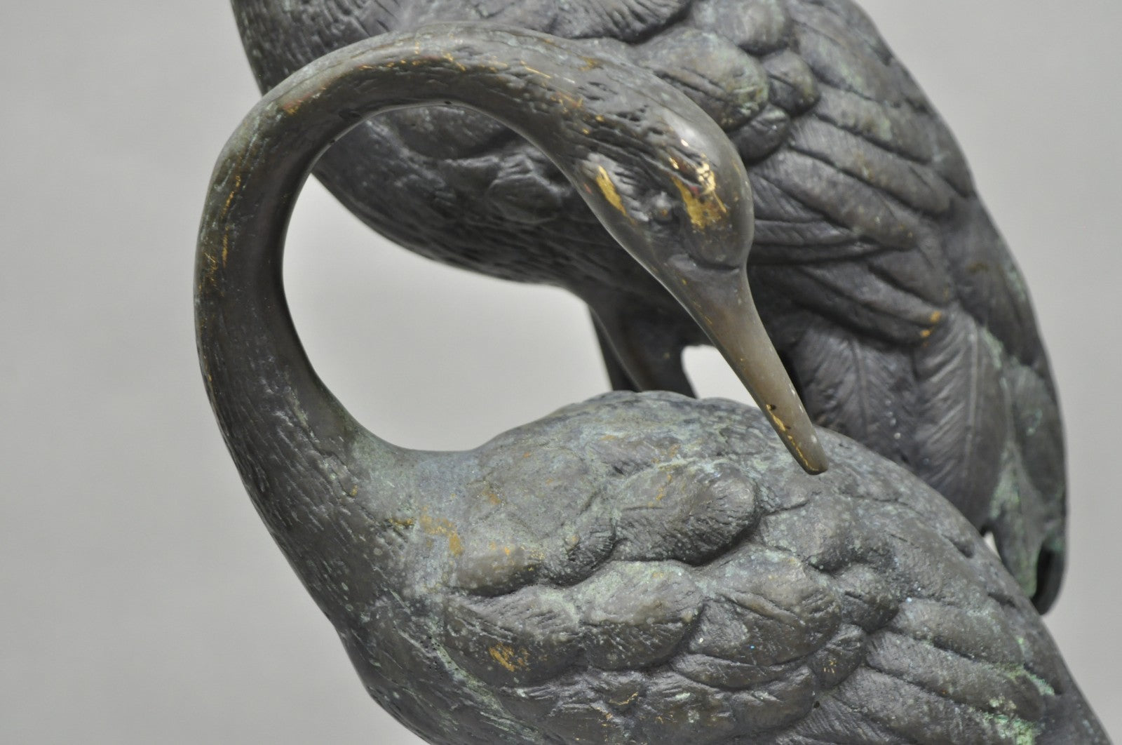 Vintage Chinoiserie "Courting Crane Couple" Green Bronze Verdigris 28" Sculpture