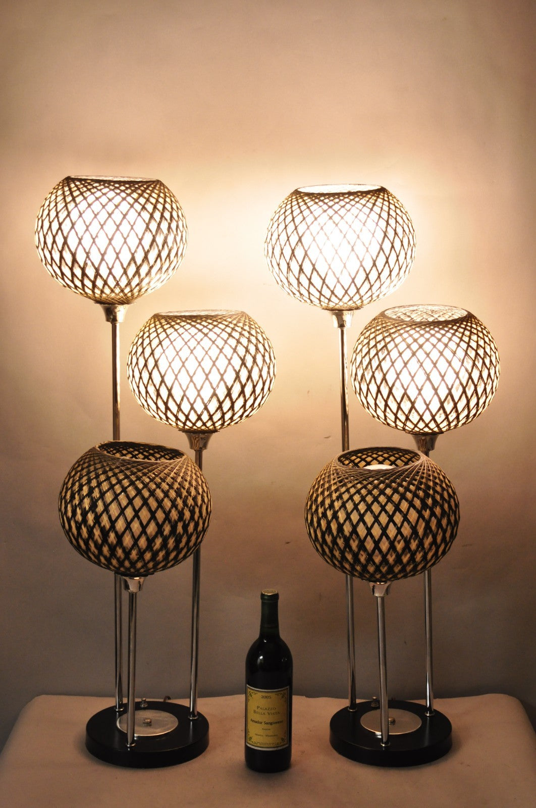 Vintage Mid Century Modern Woven Spun Fiberglass Triple Shade Table Lamp - Pair