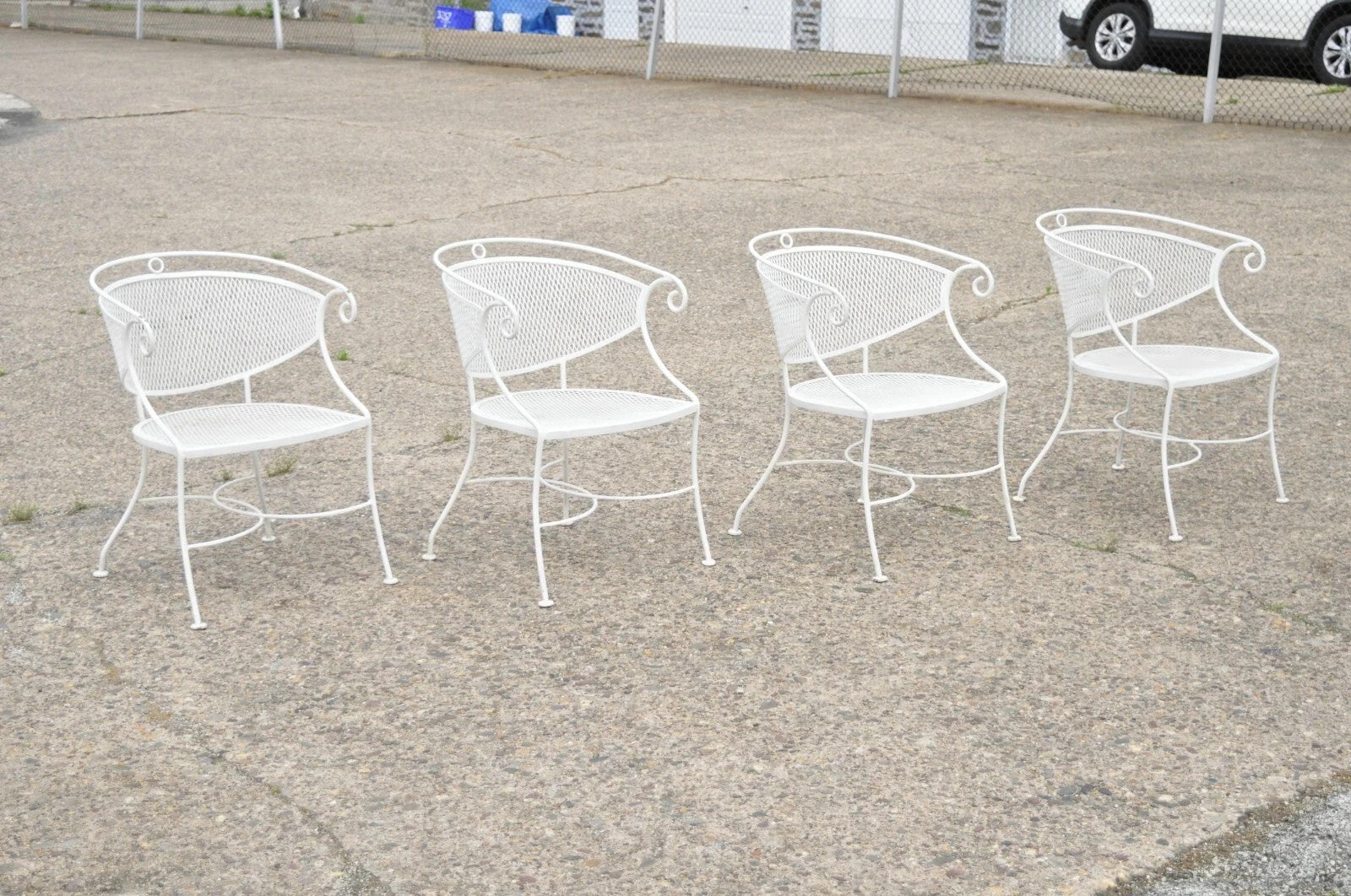 Vintage Hollywood Regency Scrolling Wrought Iron Barrel Back Patio Chairs Set 4