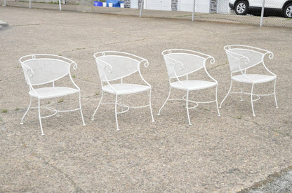 Vintage Hollywood Regency Scrolling Wrought Iron Barrel Back Patio Chairs Set 4