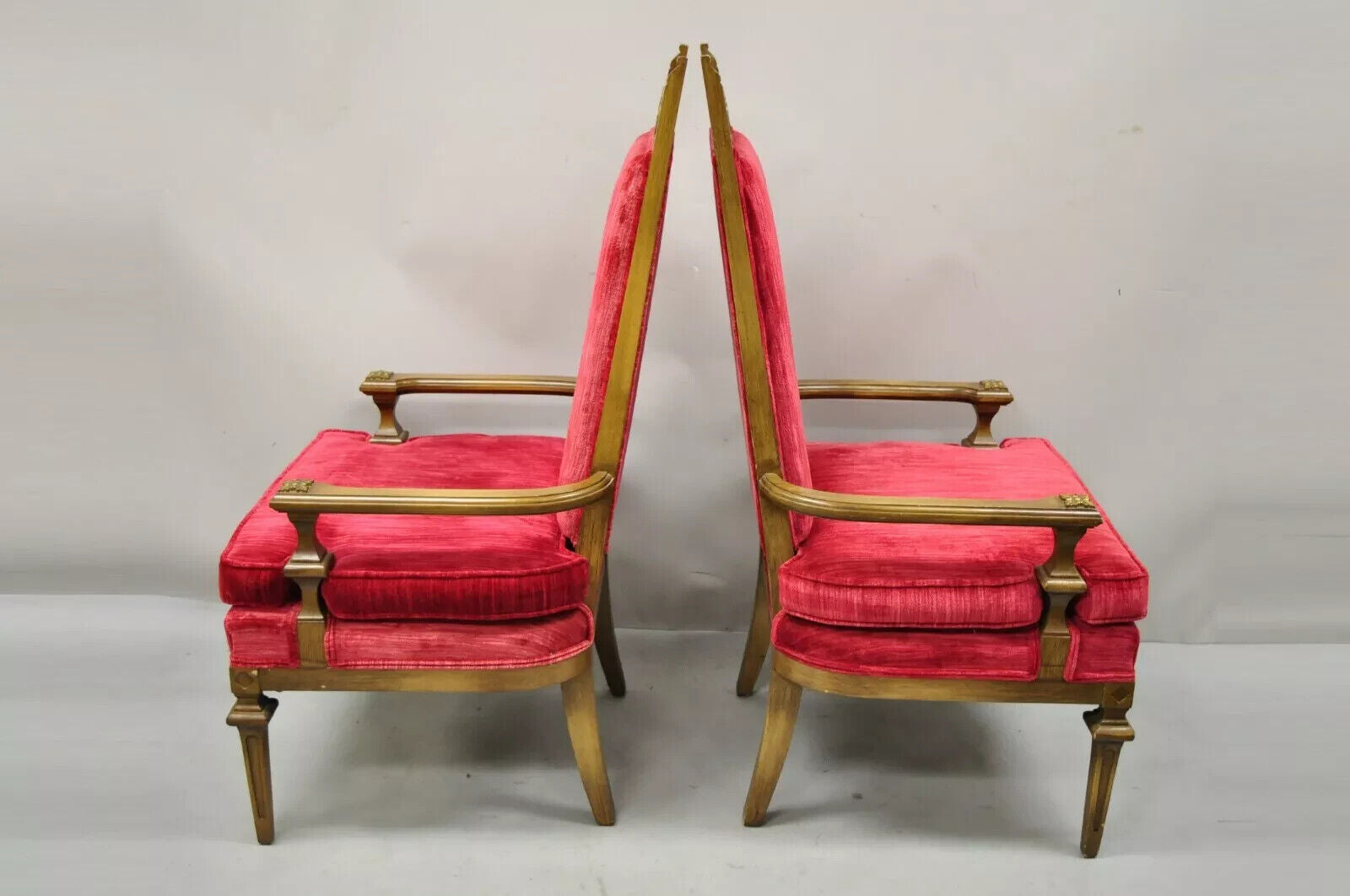 Vintage Italian Hollywood Regency Red High Back Lounge Arm Chairs - a Pair