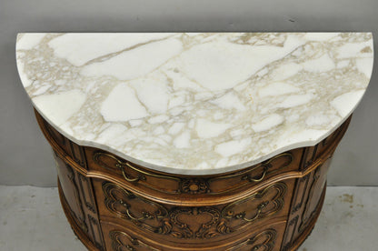 Vintage French Louis XV Style Bombe Demilune Marble Top Floral Painted Commode