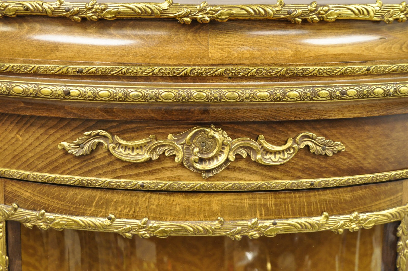 Vintage French Louis XV Style Half Round Demilune Lighted Curio Display Cabinet