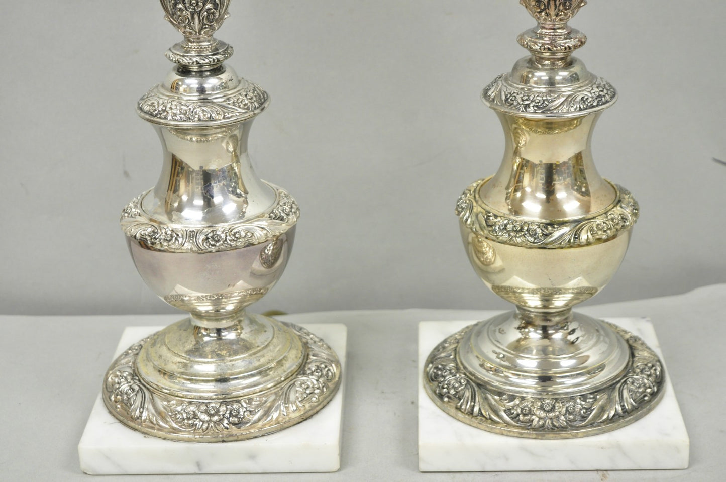 International Victorian Silver Plate Floral Repousse Candlestick Table Lamp Pair