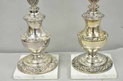 International Victorian Silver Plate Floral Repousse Candlestick Table Lamp Pair