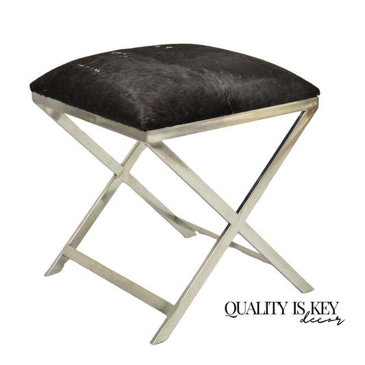 Modern Chrome Frame X-Frame Metal Stool with Cowhide Upholstery