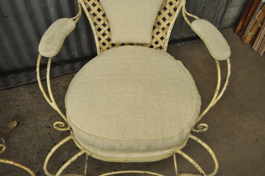 Pair Vintage Hollywood Regency Lattice Wrought Iron Patio Lounge Arm Chairs B