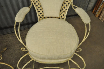 Pair Vintage Hollywood Regency Lattice Wrought Iron Patio Lounge Arm Chairs B