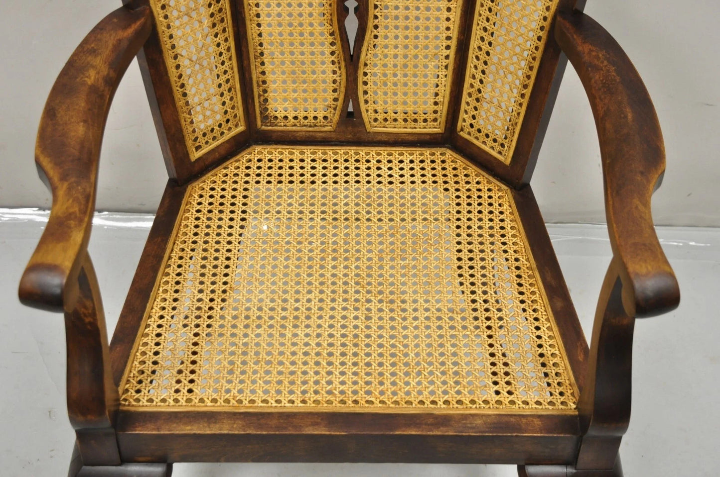 Antique Victorian Walnut and Cane Carved Lounge Arm Chair w/ Queen Anne Legs